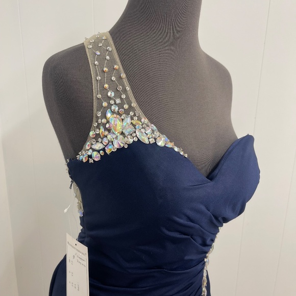 Val Stefani Prom Navy Blue One Shoulder Beaded Mesh Cutout Gown Size 6 Formal - Picture 2 of 13